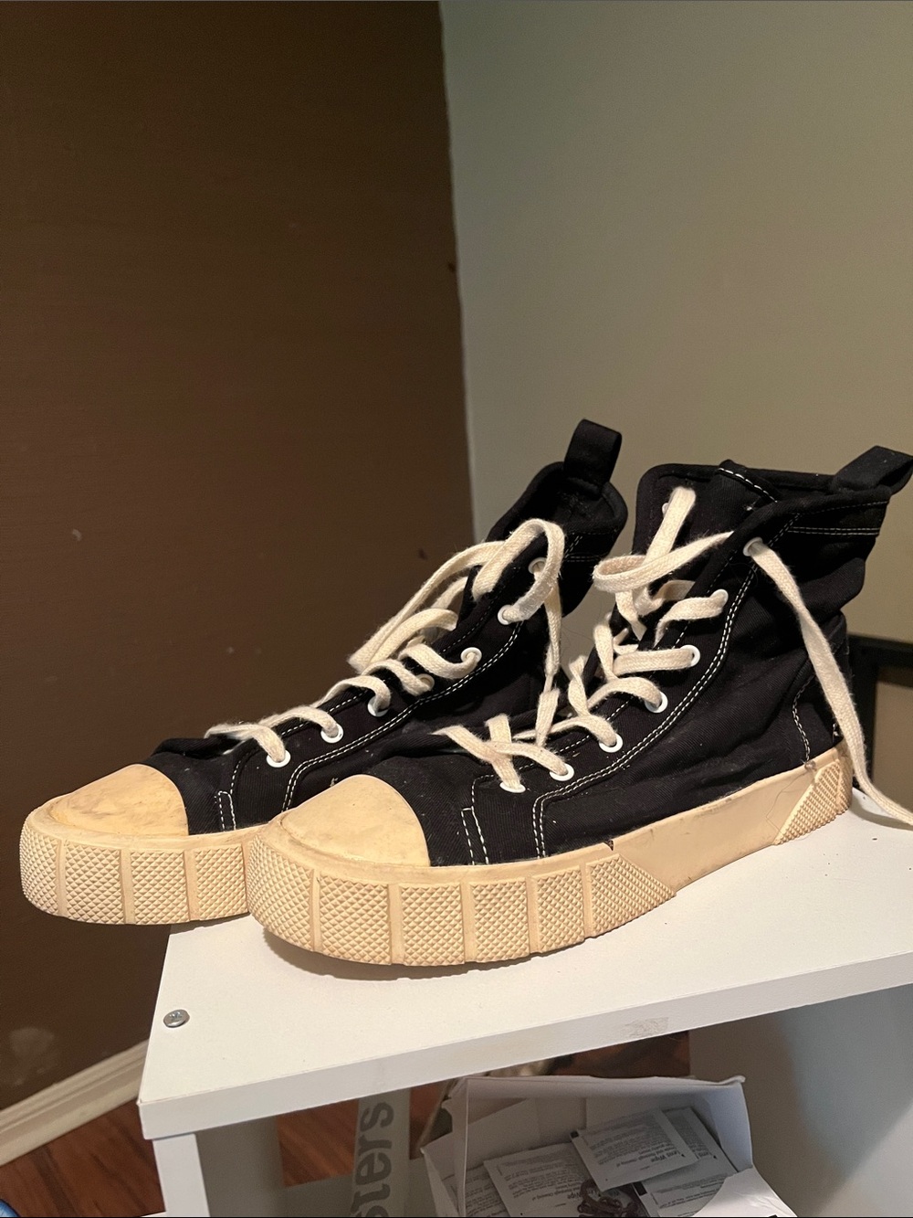 Zara Black Canvas High-Top Sneakers with Cream Soles